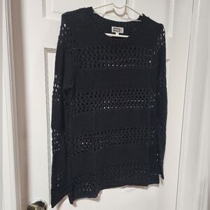 Women's Long-Sleeve Crochet Knit Perforated Black Sweater Small